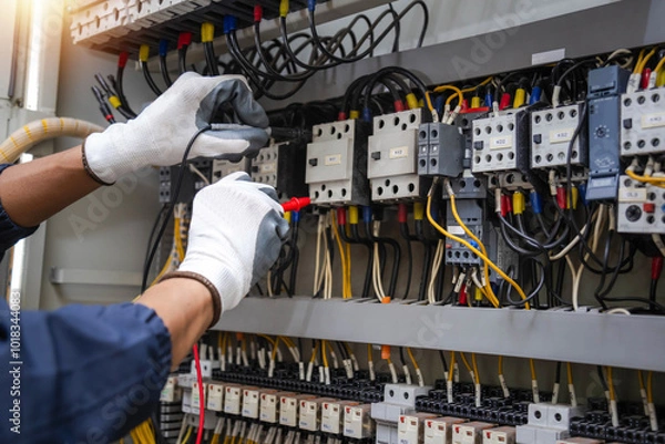 Fototapeta Checking the electrical system, an electrician is using an electric meter to check the electrical system at a control cabinet. for safety