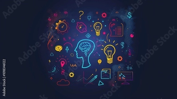 Obraz vector illustration of creative thinking and idea generation concept with icons such as lightbulb, gears, question marks, charts graphs data points, human head silhouette, colorful line art on dark 