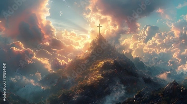 Fototapeta Paint the cross at the peak of a mountain. AI generated