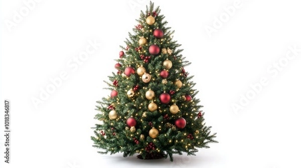 Fototapeta Christmas tree with gold and red baubles and twinkling lights, isolated on a white background