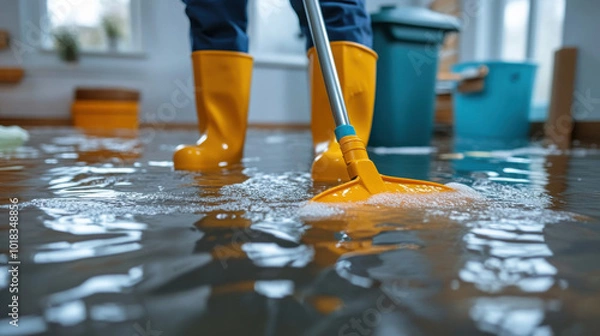 Fototapeta Person in rubber boots mopping a flooded floor, highlighting cleaning and water damage restoration. Concept of flood cleanup, maintenance, and disaster recovery