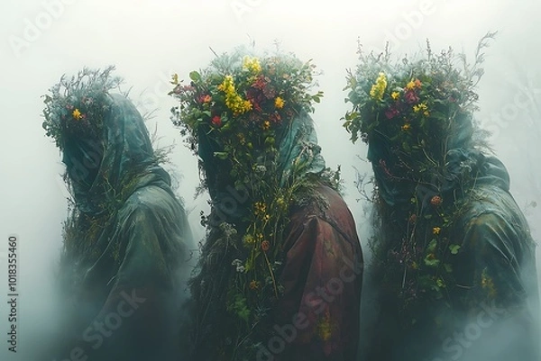 Fototapeta Three figures adorned with flowers and foliage emerge from the mist.