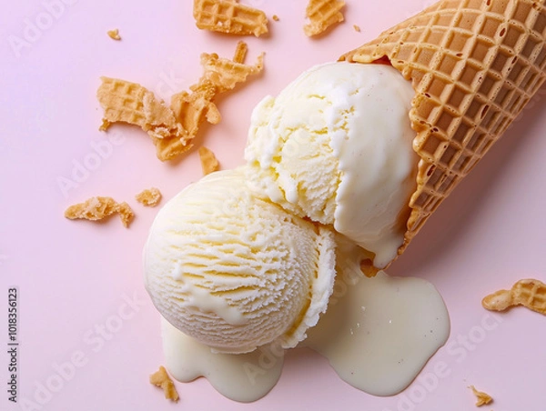 Obraz Melted ice cream and wafer cone on light pink background 