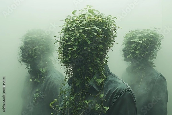 Fototapeta People with faces obscured by lush green plants stand in a foggy landscape.