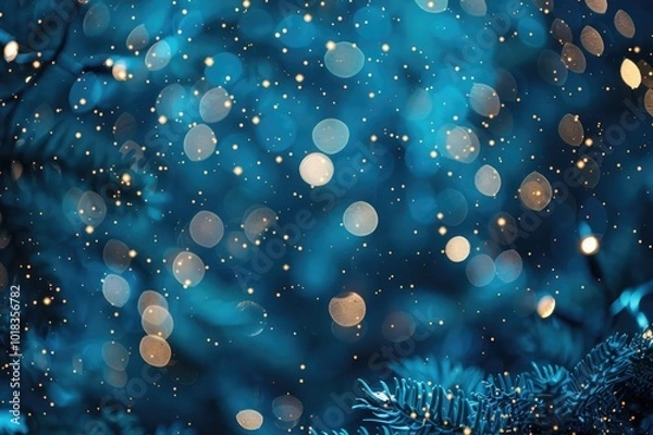 Fototapeta Magic blue holiday abstract glitter background with blinking stars. Blurred bokeh of Christmas lights