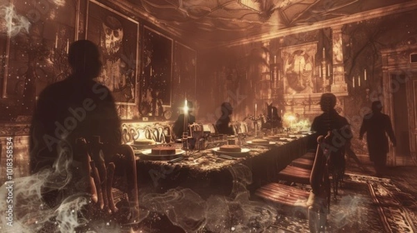 Fototapeta Mysterious dining scene with shadowy figures and an eerie atmosphere, evoking intrigue and suspense.