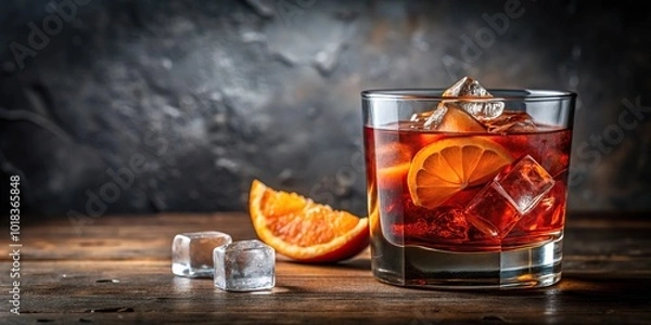 Fototapeta Negroni cocktail in rocks glass with ice cube and orange twist