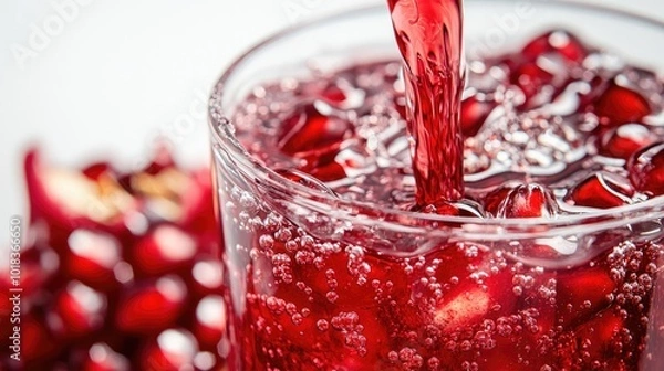 Fototapeta A close-up of pomegranate juice being poured into a clear glass, with droplets splashing against the sides and the rich color contrasting against a white background