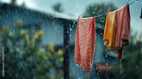 Fototapeta The clothesline got wet in the rain, forgot to lift the clothesline.