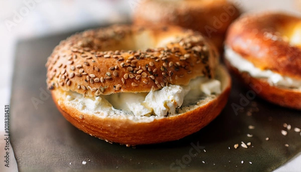 Obraz Fresh bagel with creamy cream cheese filling and sesame seeds. Tasty snack. Delicious food.