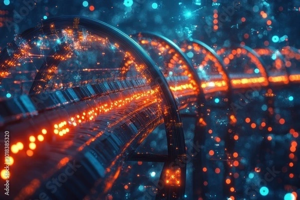 Fototapeta Abstract representation of DNA helixes glowing with orange light and a blue background.