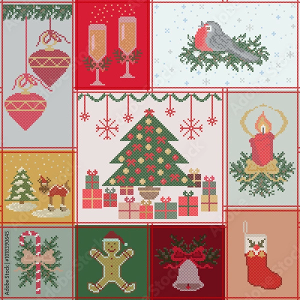 Fototapeta Cross Stitch Embroidery, Christmas Patchwork Style Seamless Pattern