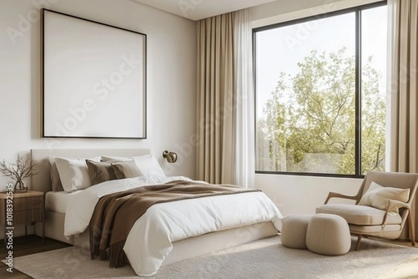 Fototapeta 3D Rendering of Modern Bedroom with Minimalist Decor in Light Beige Tones. AI generated illustration