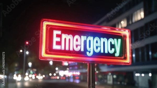 Fototapeta Bright neon emergency sign illuminated at night, guiding attention in a city setting. Ideal for topics related to health, safety, and urgency.