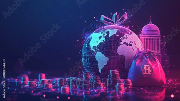 Fototapeta A picture showing the world with a money bag, coins, and a bank building, representing the idea of a global banking system.low poly wireframe.