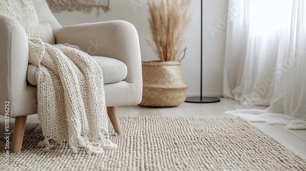 Obraz Cozy living room with a stylish sofa and armchair surrounded by elegant decor and soft blanket