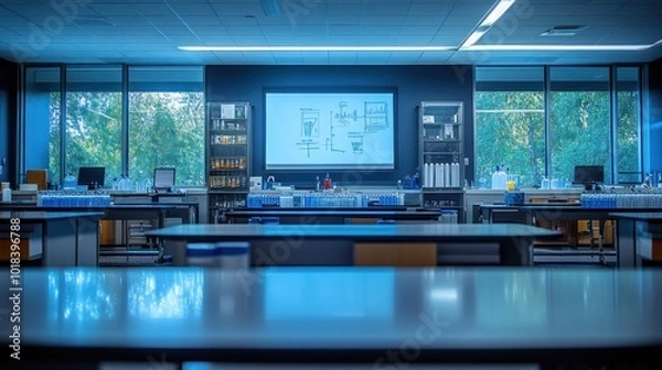 Fototapeta A modern, empty science lab classroom with desks, equipment, windows, and a whiteboard with equations.
