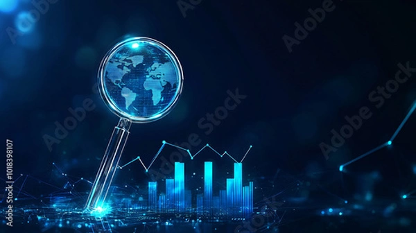 Obraz Abstract technology polygonal blue glowing magnifying glass with graph and arrow up, on a dark blue background, business concept