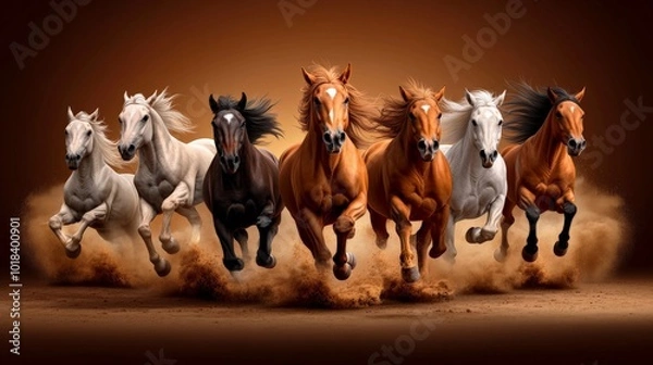 Obraz Wild Horse Run: A breathtaking image of seven majestic horses galloping across a dusty landscape, their manes and tails flowing in the wind.  A powerful symbol of freedom and untamed beauty. 
