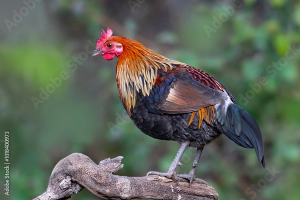 Fototapeta A Red Jungle Fowl bird perched on a small rock