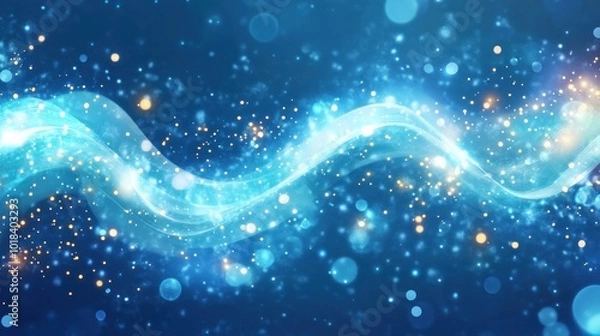 Obraz Digital wave pattern with glowing white lines on blue background, tiny lights, dynamic modern design