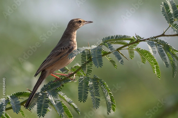 Fototapeta Long Necked Lark bird perched on a tree branch with beautiful background