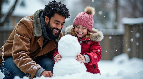 Fototapeta A man and a little girl are sitting in the snow, making a snowman