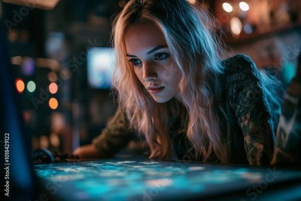 Fototapeta Focused woman engaging with interactive touchscreen in dimly lit space