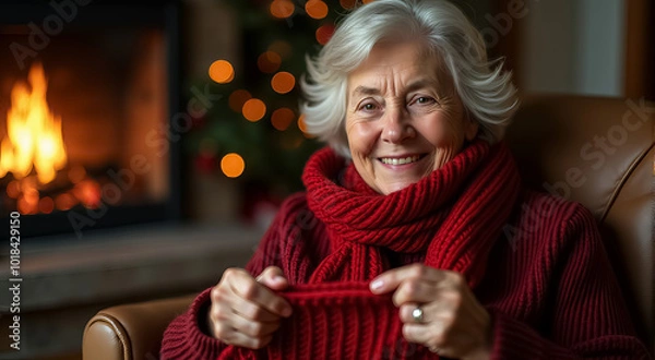 Fototapeta A woman is sitting in a chair with a red scarf around her neck