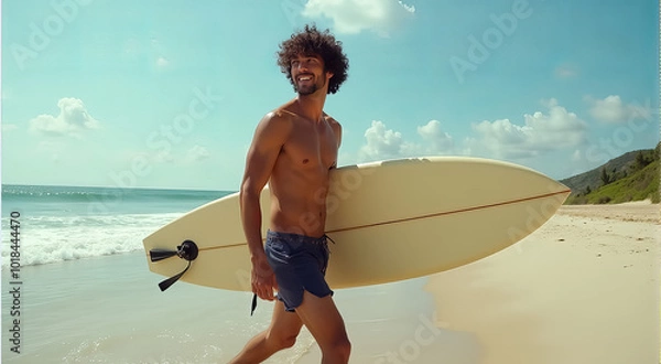 Obraz A man is walking on the beach holding a surfboard