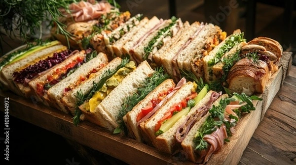 Fototapeta A rustic-style sandwich platter featuring assorted sandwiches, beautifully presented with fresh herbs and garnishes, perfect for a catering or picnic setting.