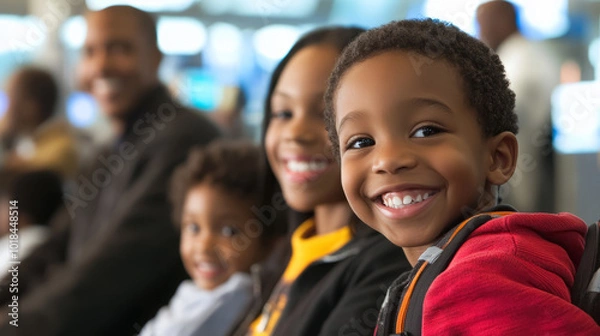 Fototapeta A family in an airport departure area, parents and children gathered near a gate, waiting excitedly to board a plane, while announcements play in the background