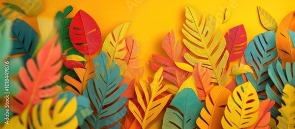 Fototapeta Vibrant yellow foliage of the croton plant showcasing the unique patterns and colors of Codiaeum variegatum