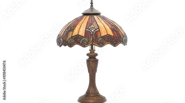 Fototapeta A vintage-style lamp with intricate details and a stained glass shade, artistically displayed on a white background to showcase its unique charm.