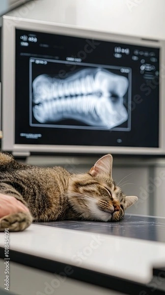 Fototapeta Cat Relaxing on Examination Table with X-ray Image in Background