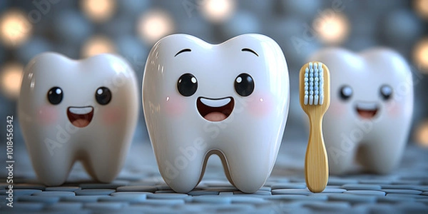 Fototapeta Cute Cartoon Teeth with Happy Expressions and Toothbrush