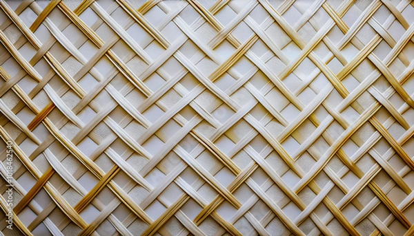 Obraz Beautiful background from light geometrical square woven natural wooden strips pattern or wickerwork polirattan texture background