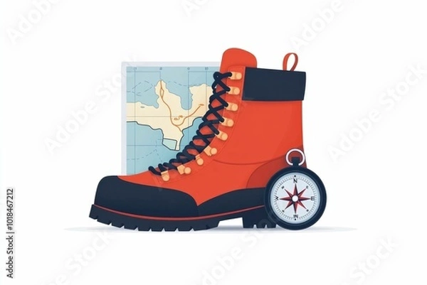 Fototapeta This simple yet iconic features a hiking boot  a map  and a compass  all grouped together and centered on a clean  white background  This design symbolizes the spirit of outdoor adventure