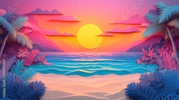 Fototapeta Vibrant sunrise over a serene beach with a canvas of colorful skies Vibrant sunrise over a tranquil beach with colorful skies
