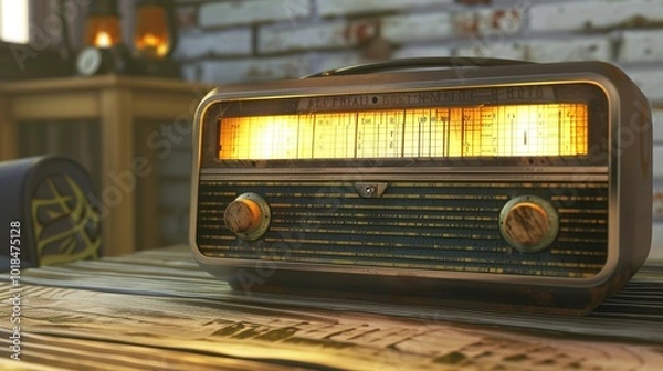 Fototapeta Vintage radio with glowing dial emitting static and crackling sounds on wooden table, surrounded by old-fashioned furniture, evoking a nostalgic atmosphere.