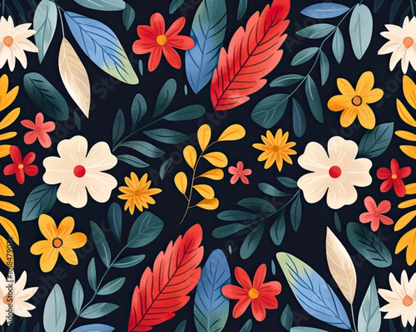 Fototapeta Colorful floral pattern with leaves on a dark background, vibrant and lively.