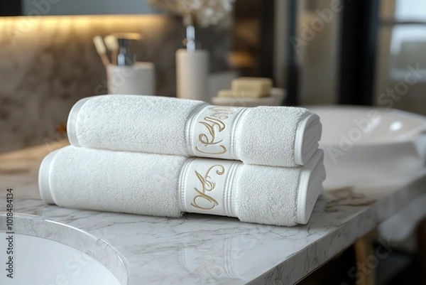 Fototapeta Luxurious white towels neatly arranged on a marble countertop in an elegant bathroom, creating a serene ambience for relaxation and comfort.