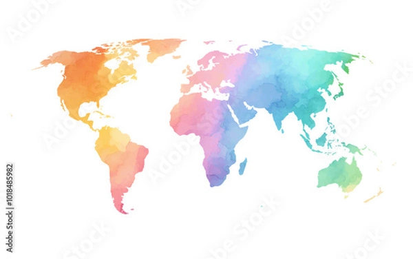 Obraz A beautifully crafted world map featuring a watercolor texture that transitions through colorful shades, creating a vibrant and artistic representation of global geography.