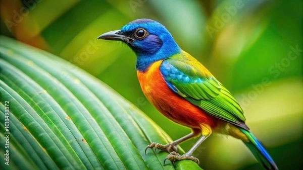 Fototapeta A vivid bird perches delicately on a vibrant leaf, enveloped by a serene natural landscape that captures the essence of tranquility and the beauty of wildlife.