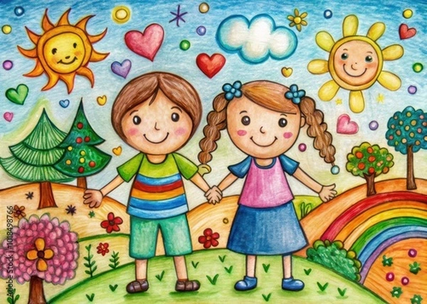 Fototapeta Heartwarming Drawing Representing the Concept of Friendship with Colorful Elements and Symbols