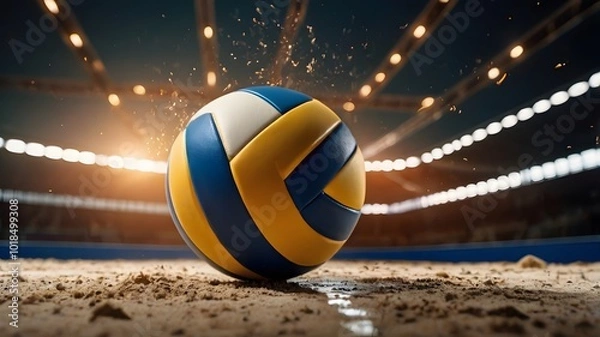 Fototapeta Volleyball on sandy court under stadium lights with flying sand particles