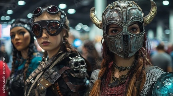 Fototapeta Fans cosplaying as favorite characters at convention. Colorful cosplay costume