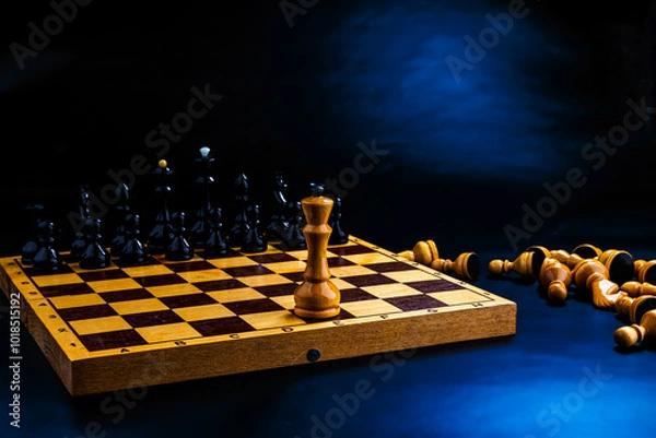 Obraz Wooden chess pieces on the chessboard. Intellectual game -chess. Chess pieces on the Board. A game of chess. One against all.