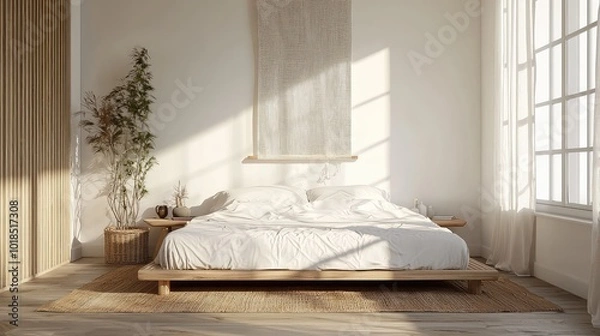 Fototapeta Bright and cozy bedroom featuring a wooden bed, natural light, and simple decor, perfect for relaxation and comfort.