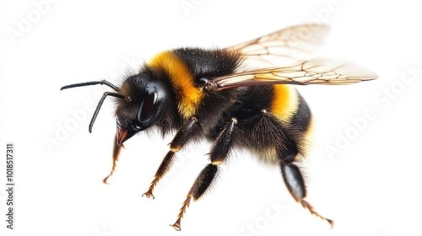 Fototapeta stunning bumblebee captured mid-flight against a pristine white background, emphasizing its delicate features and role as an essential pollinator in nature's ecosystem